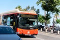 Bus on yhe street in Barceloneta beach with people in summer after COVID 19 on June 26, 2020 in Barcelona, Ã¢â¬â¹Ã¢â¬â¹Spain Royalty Free Stock Photo